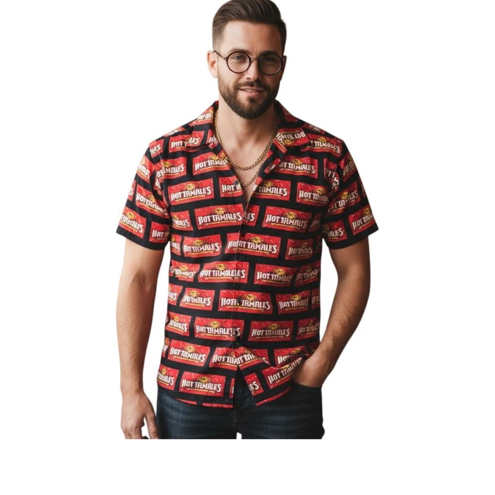 Hot Tamales Shirt Mens Large Short Sleeve Button Up Costume Slim Fit Cotton Red